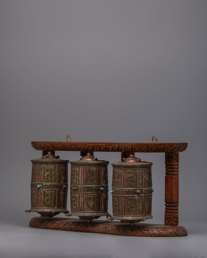 3-in-1 Buddhist Prayer Wheels with Wooden Wall Mount | Enhance Your Meditation Space