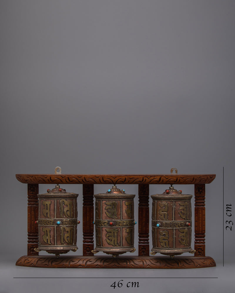 3-in-1 Buddhist Prayer Wheels with Wooden Wall Mount | Enhance Your Meditation Space