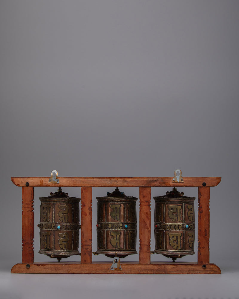 3-in-1 Buddhist Prayer Wheels with Wooden Wall Mount | Enhance Your Meditation Space