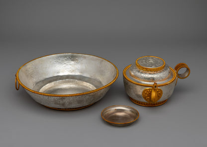 Buddhist Water Offering Bowl Set for Jambhala | Featuring Electro Gold and Silver Plating for Ceremonial Elegance