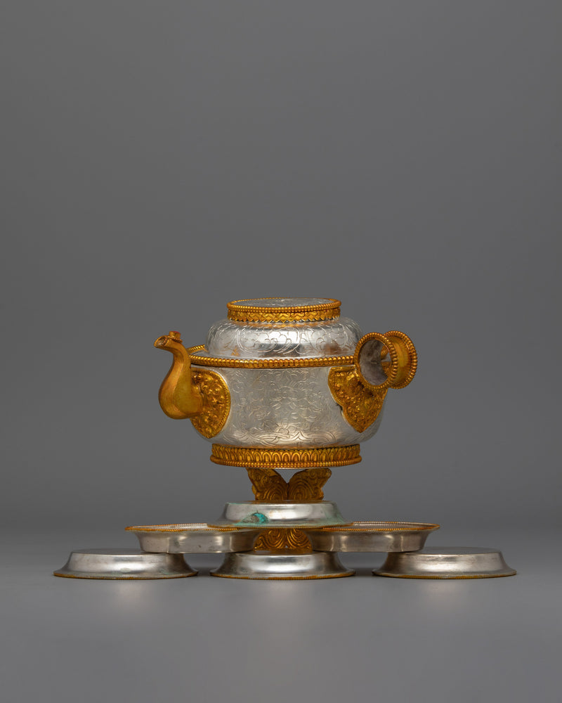 Buddhist Water Offering Bowl Set for Jambhala | Featuring Electro Gold and Silver Plating for Ceremonial Elegance