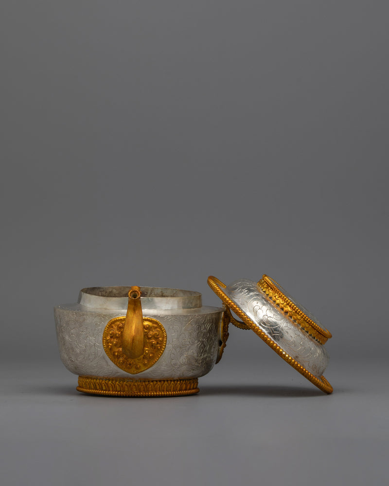 Buddhist Water Offering Bowl Set for Jambhala | Featuring Electro Gold and Silver Plating for Ceremonial Elegance