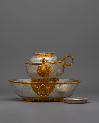 Buddhist Water Offering Bowl Set for Jambhala | Featuring Electro Gold and Silver Plating for Ceremonial Elegance