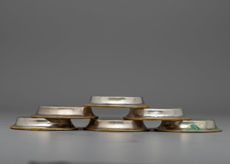 Buddhist Water Offering Bowl Set for Jambhala | Featuring Electro Gold and Silver Plating for Ceremonial Elegance