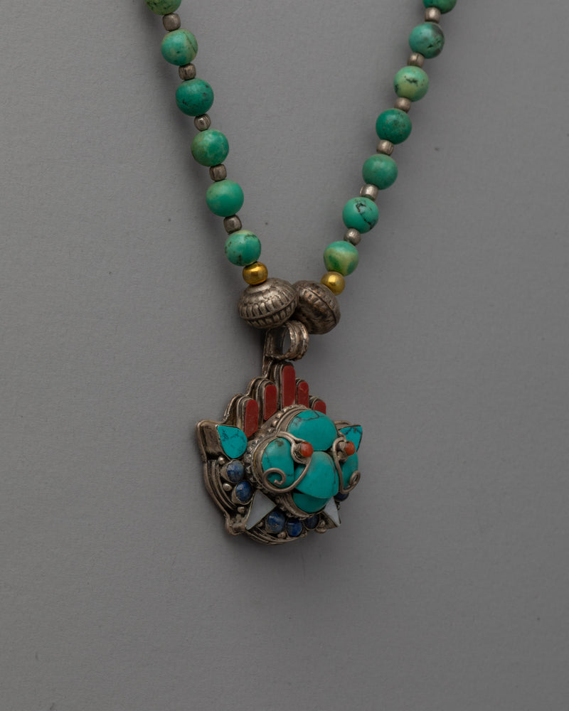 Silver Beaded Locket with Turquoise | Jewelry with Intricate Details