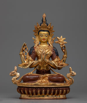 4-Armed Bodhisattva Chenrezig Statue | Gold Gilded Copper Art from Nepal