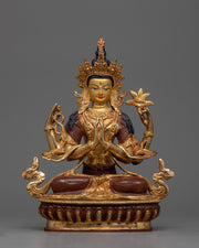 4-Armed Bodhisattva Chenrezig Statue | Gold Gilded Copper Art from Nepal