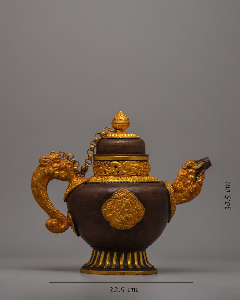 Tibetan Buddhist Tea Pot | Handcrafted Copper Teapot with Gold and Silver Plating