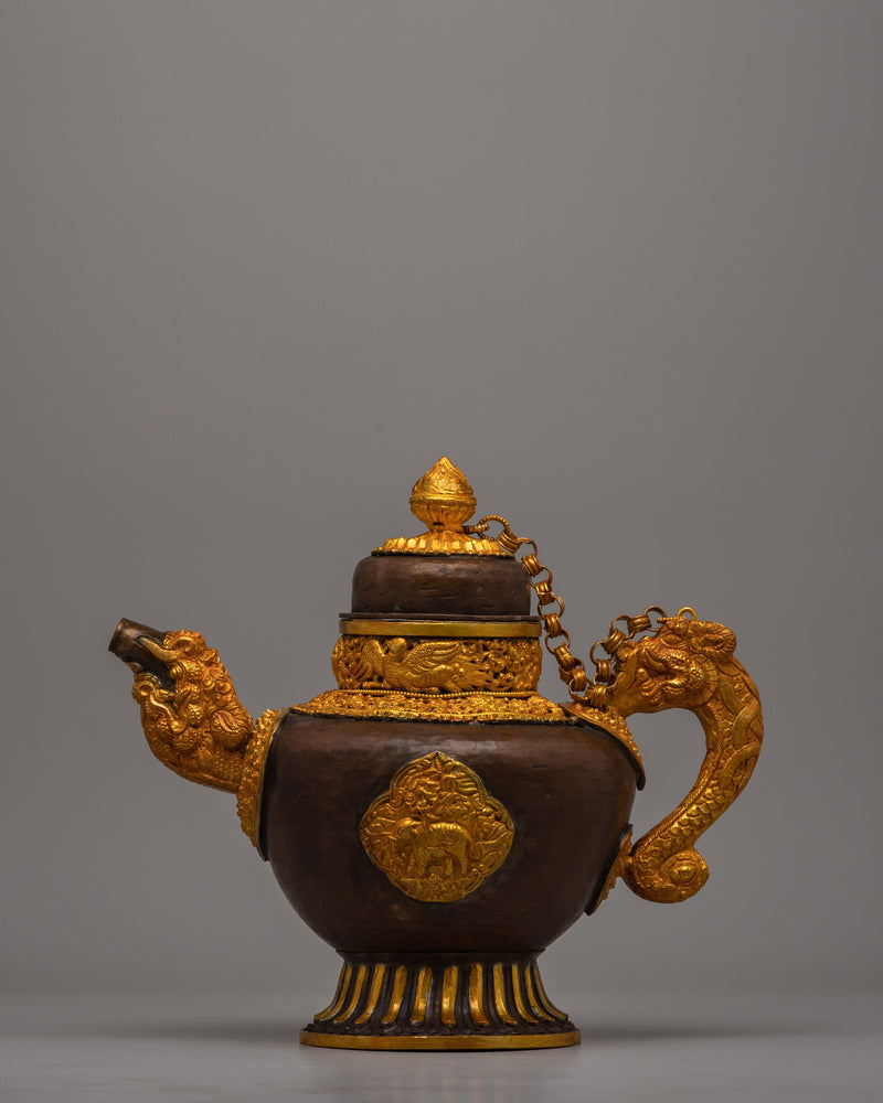 Tibetan Buddhist Tea Pot | Handcrafted Copper Teapot with Gold and Silver Plating