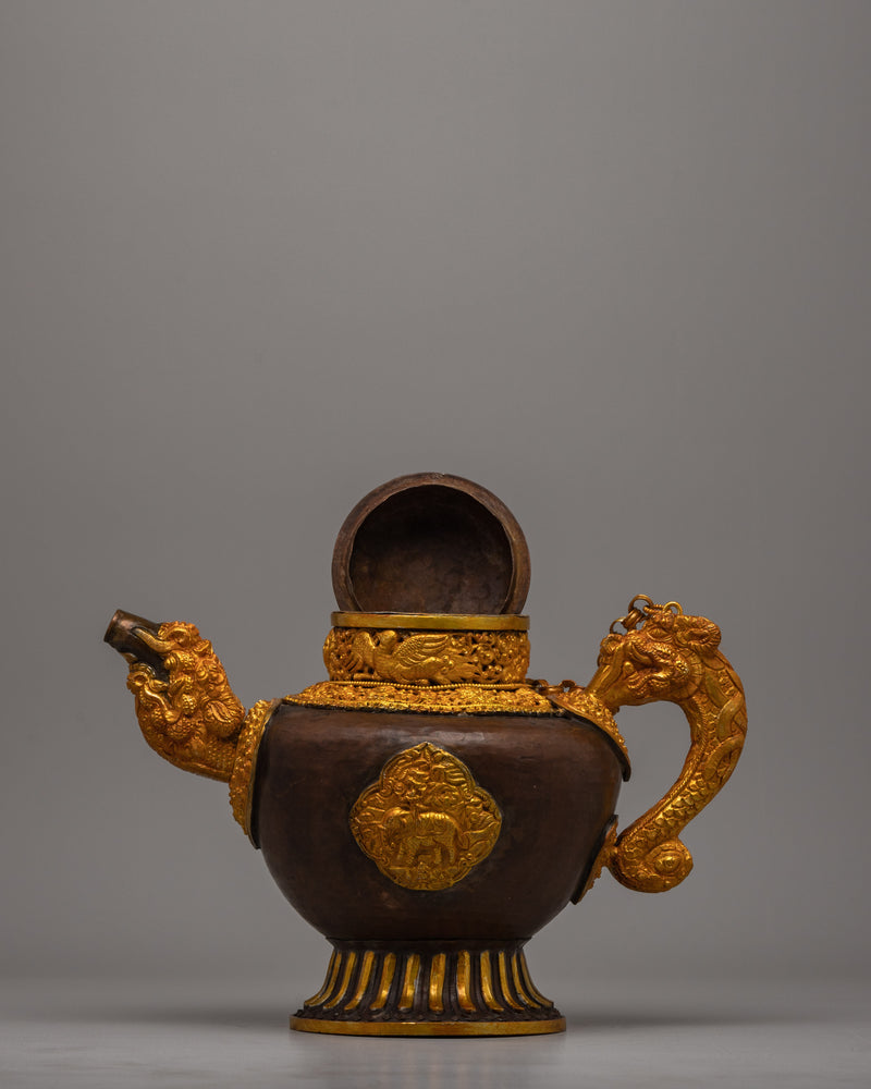 Tibetan Buddhist Tea Pot | Handcrafted Copper Teapot with Gold and Silver Plating