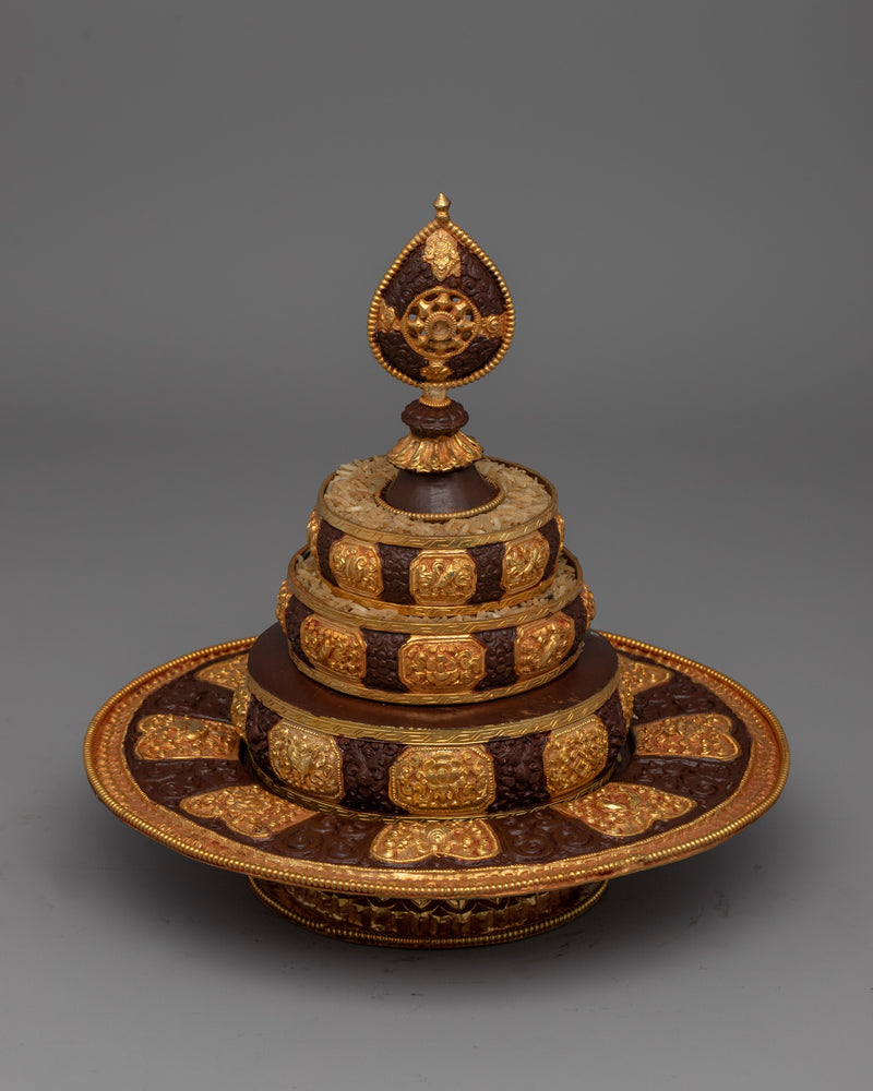 Traditional Tibetan Mandala Rice Offering Set | Sacred Ritual Piece in Gold and Copper