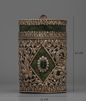 Tibetan Circular Box Decorated | Ideal for Spiritual Use or as a Unique Decorative Piece