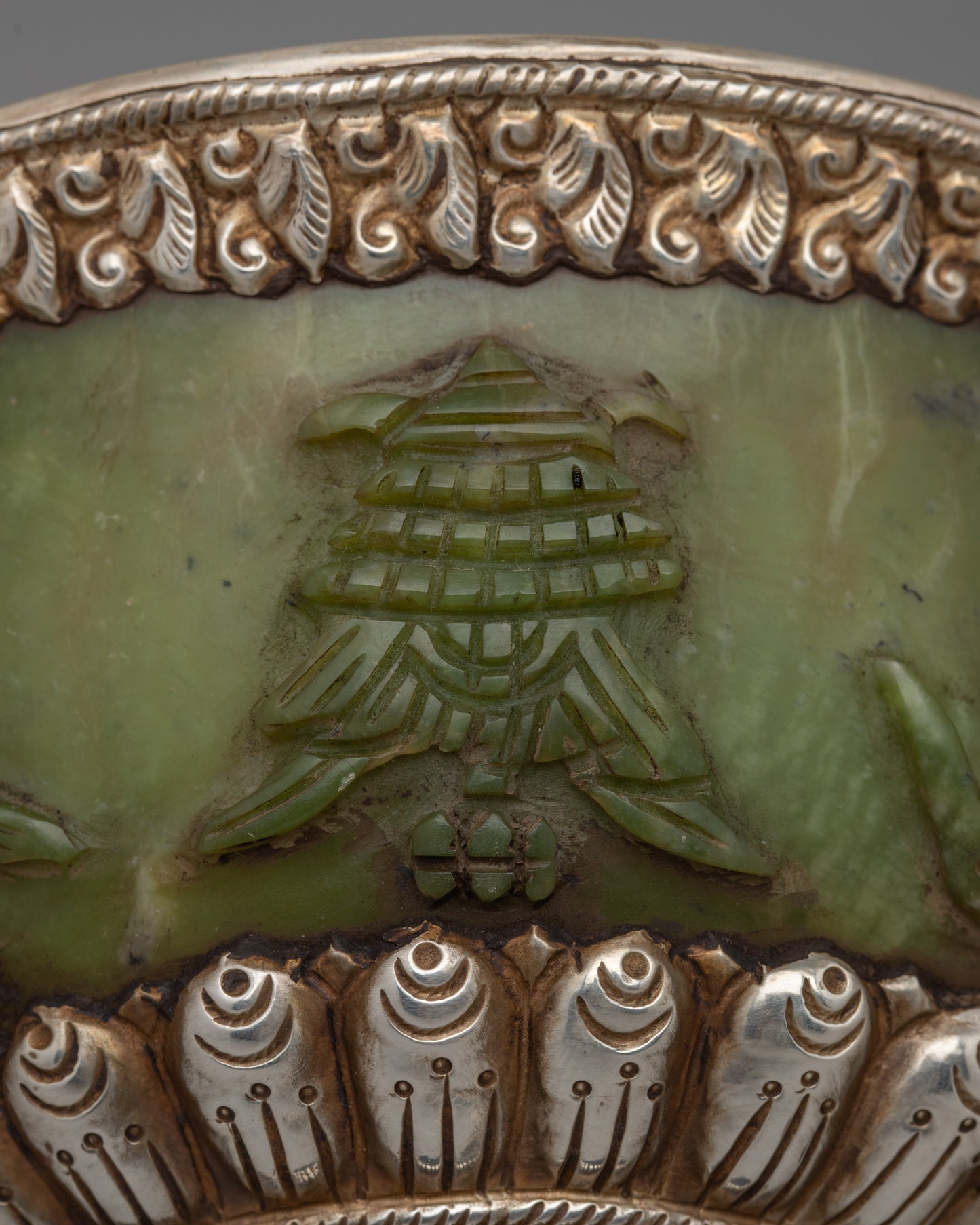 Tibetan Silver Jade Bowl |  Stunning Handcrafted Decorative Piece