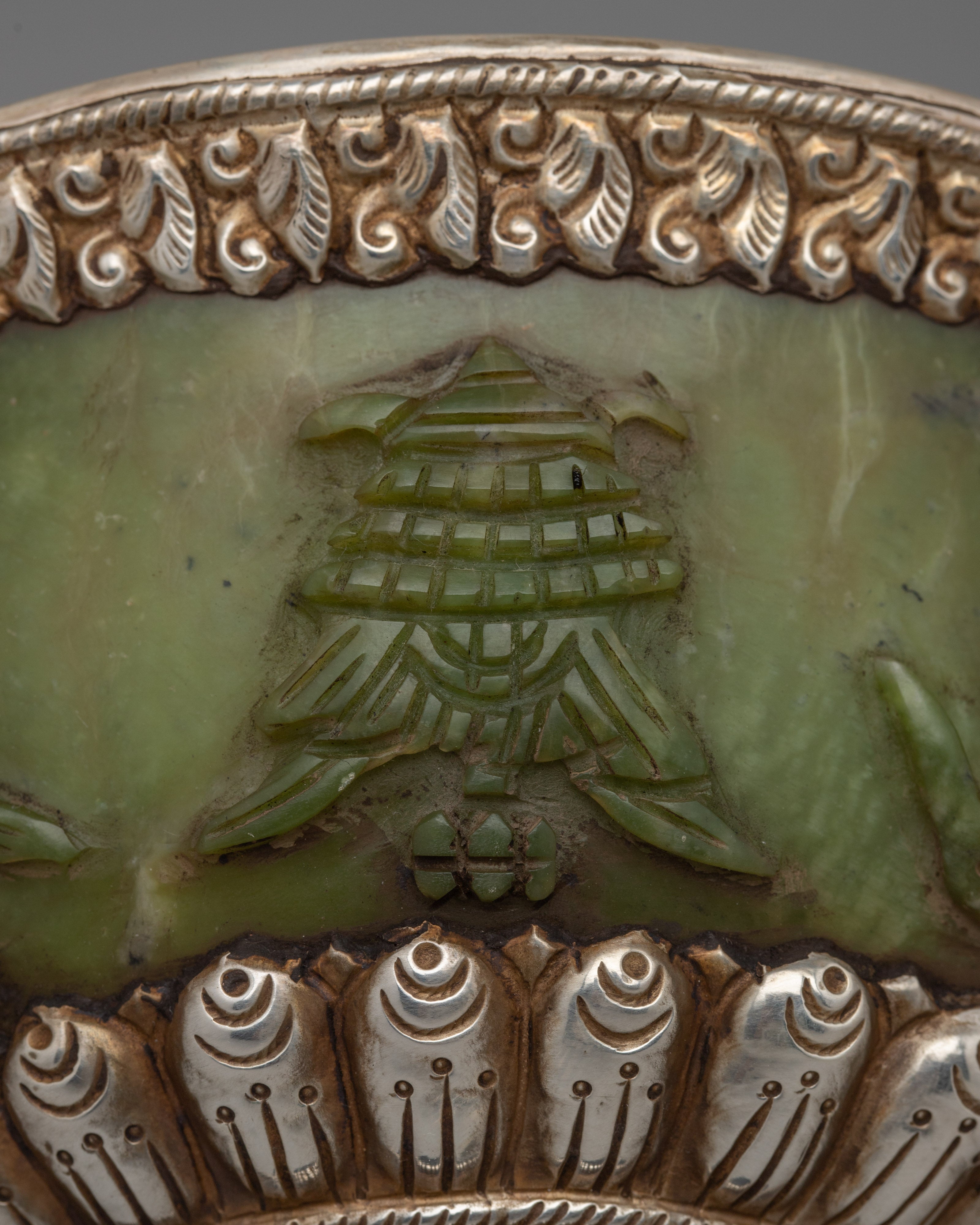 Tibetan Silver Jade Bowl |  Stunning Handcrafted Decorative Piece