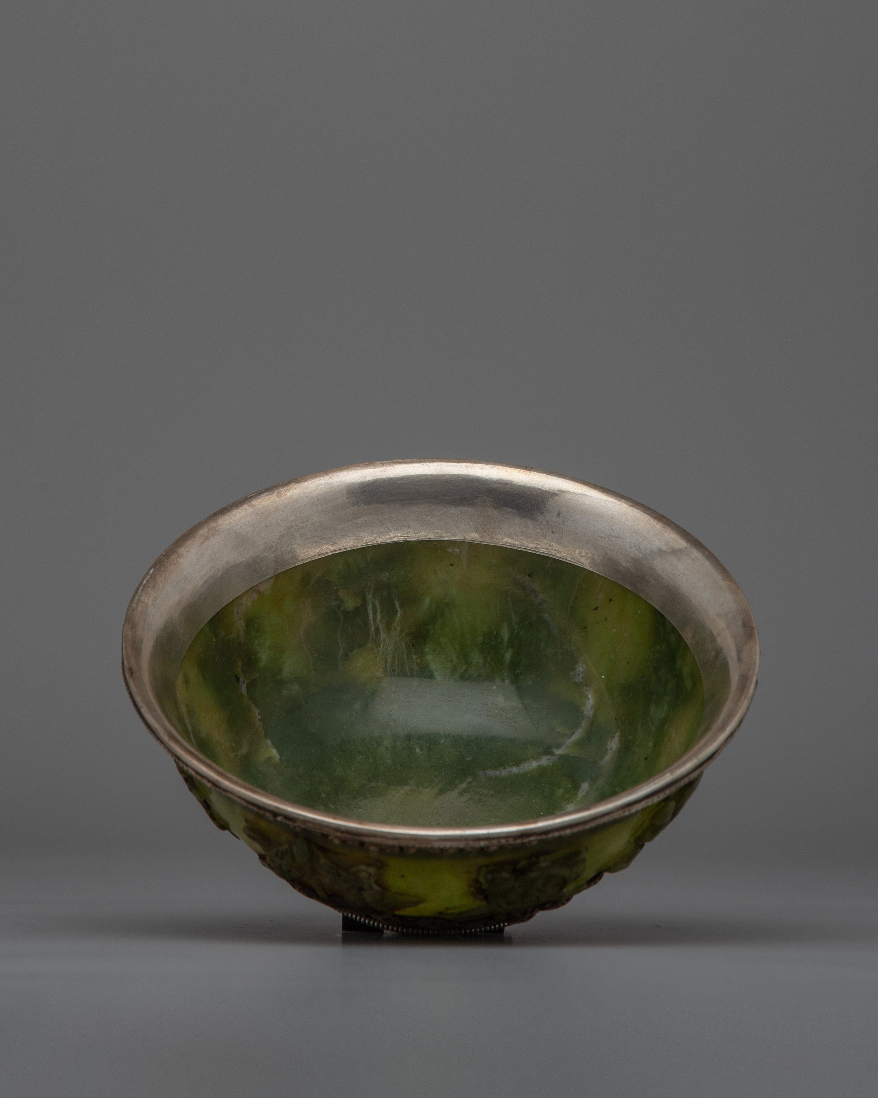 Tibetan Silver Jade Bowl |  Stunning Handcrafted Decorative Piece