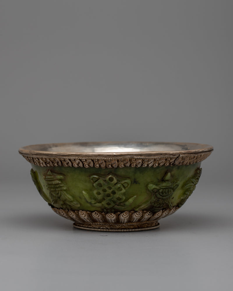 Jade Silver Tibetan Offering Bowl | Handcrafted Traditional Art