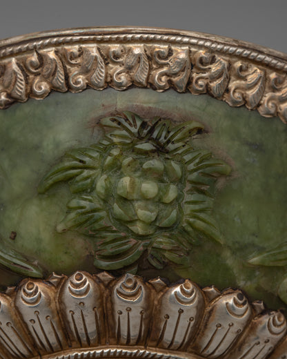 Jade Silver Tibetan Offering Bowl | Handcrafted Traditional Art