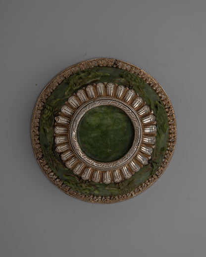 Jade Silver Tibetan Offering Bowl | Handcrafted Traditional Art