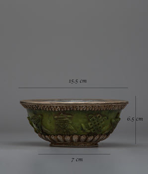 Jade Silver Tibetan Offering Bowl | Handcrafted Traditional Art
