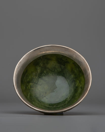 Jade Silver Tibetan Offering Bowl | Handcrafted Traditional Art