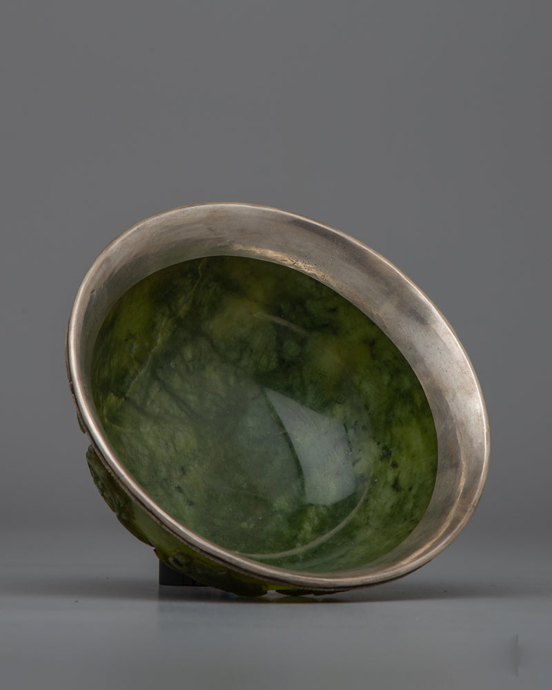 Jade Silver Tibetan Offering Bowl | Handcrafted Traditional Art