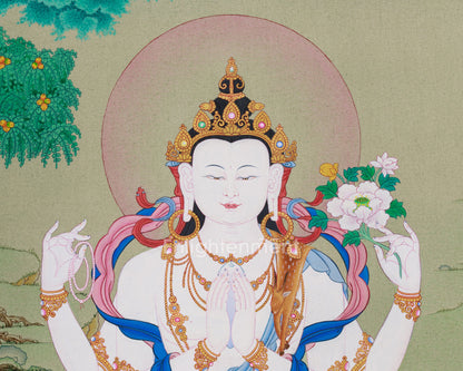 Tibetan Four-Armed Guanyin Bodhisattva Thangka | Compassion and Wisdom