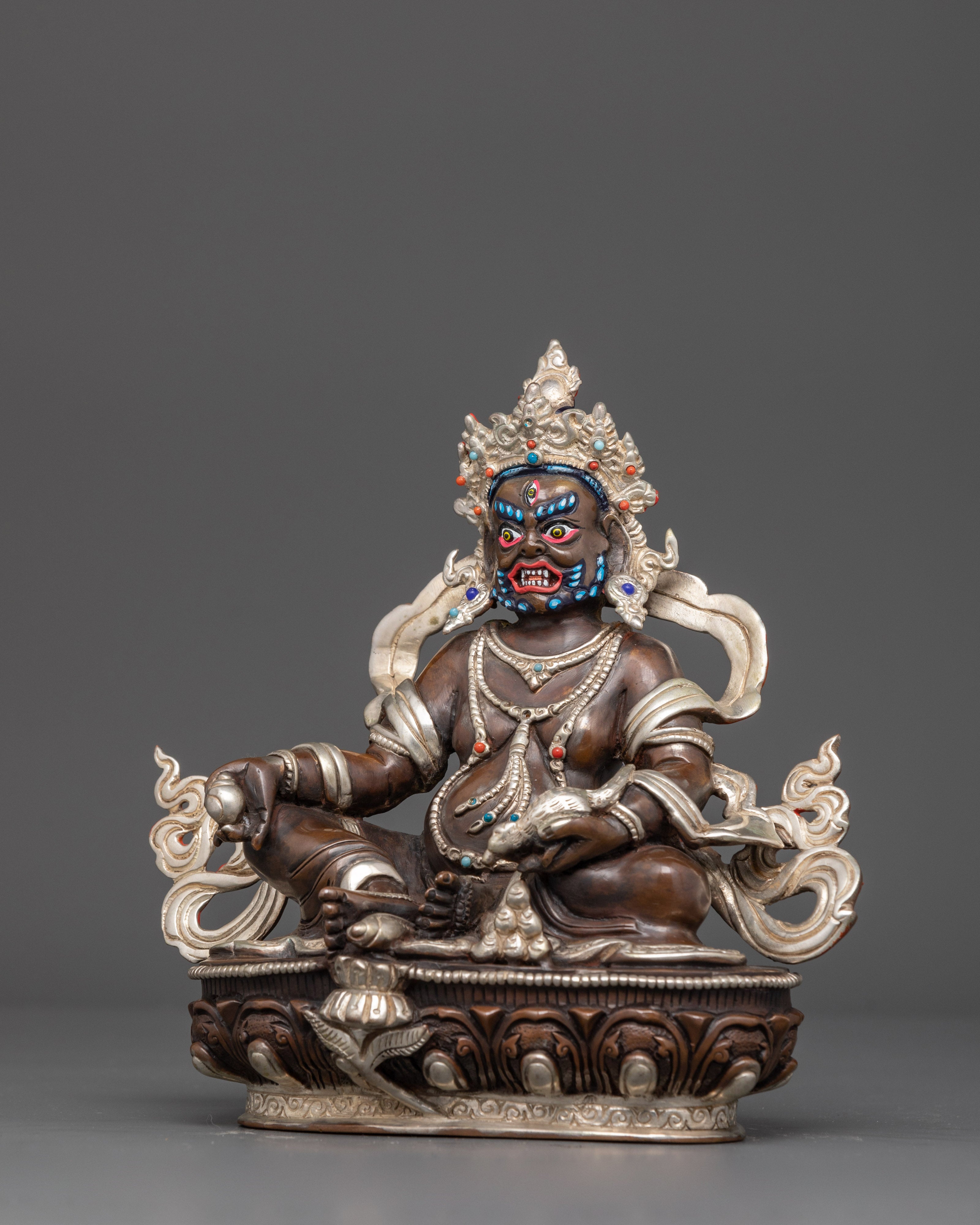 Sacred Dzambhala Figurine | Oxidized Copper and Silver-Plated Statue