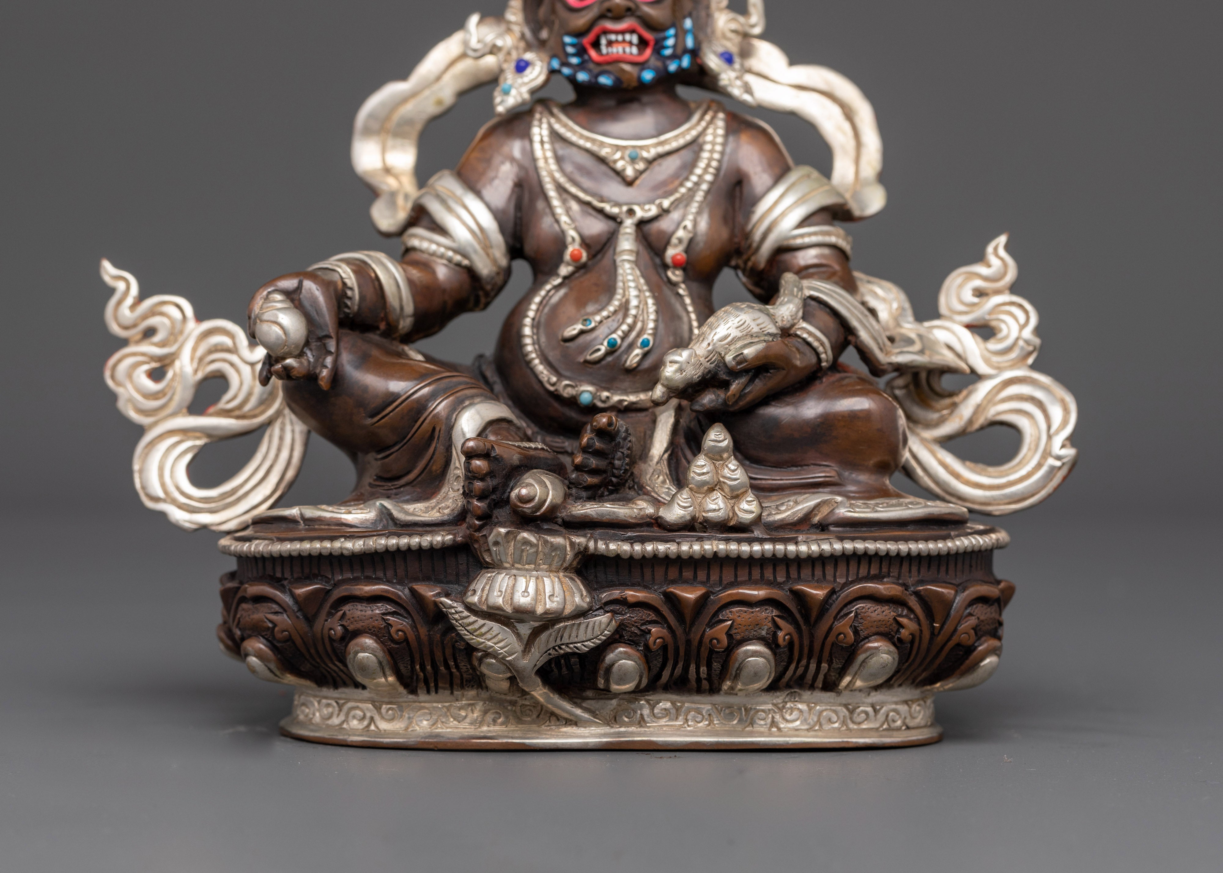 Sacred Dzambhala Figurine | Oxidized Copper and Silver-Plated Statue