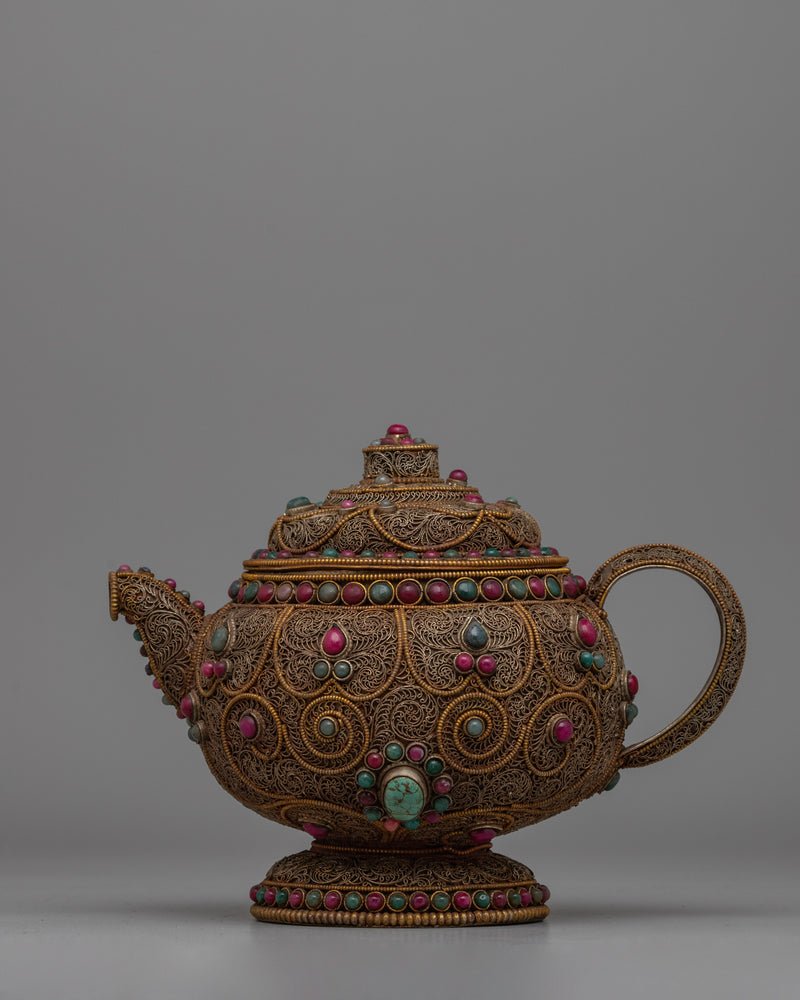 Authentic Tibetan Tea Pot | Decorative Copper Teapot with Buddhist Detailing