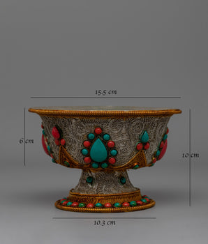 Elegant Lapis Lazuli & Coral Adornments Offering Bowl Set | Buddhist Altar