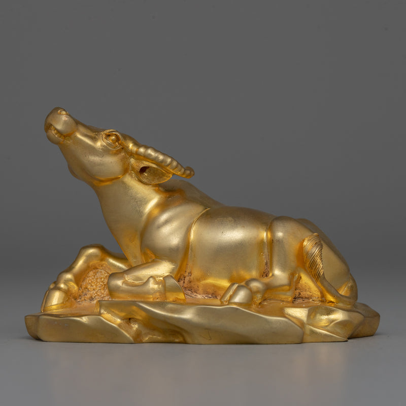 Gold-Plated Buffalo Statue | Elegant Copper Body Decorative Art