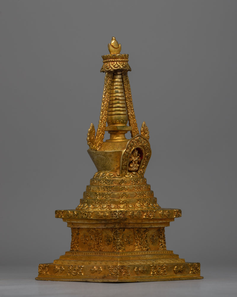 Exquisite Tibetan Stupa with Gold-Plated Buddha Figurine | Religious Tibetan Art