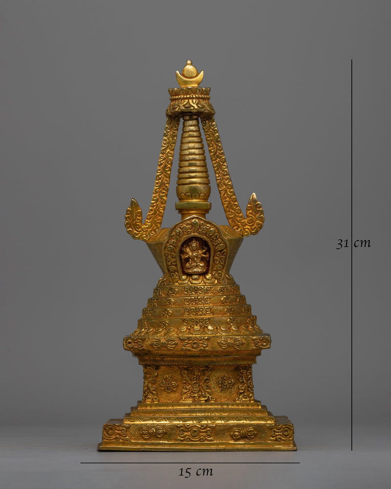 Exquisite Tibetan Stupa with Gold-Plated Buddha Figurine | Religious Tibetan Art