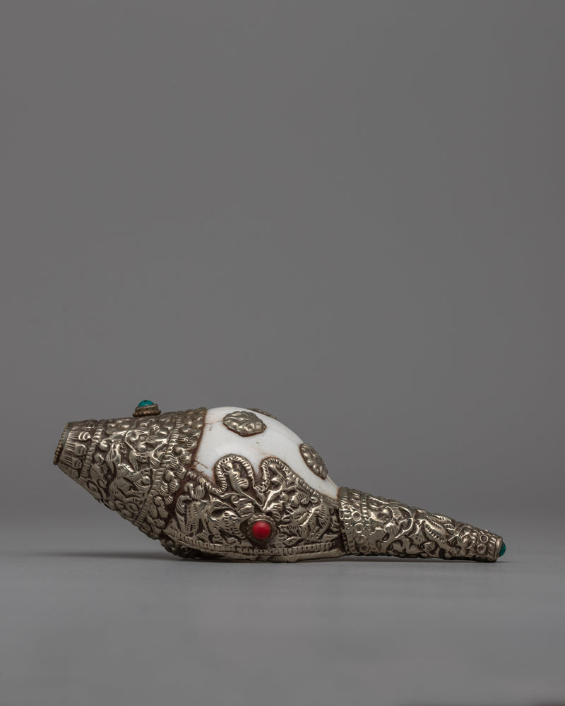 Decorative Silver Conch Shell | Buddhist Ritual Tool