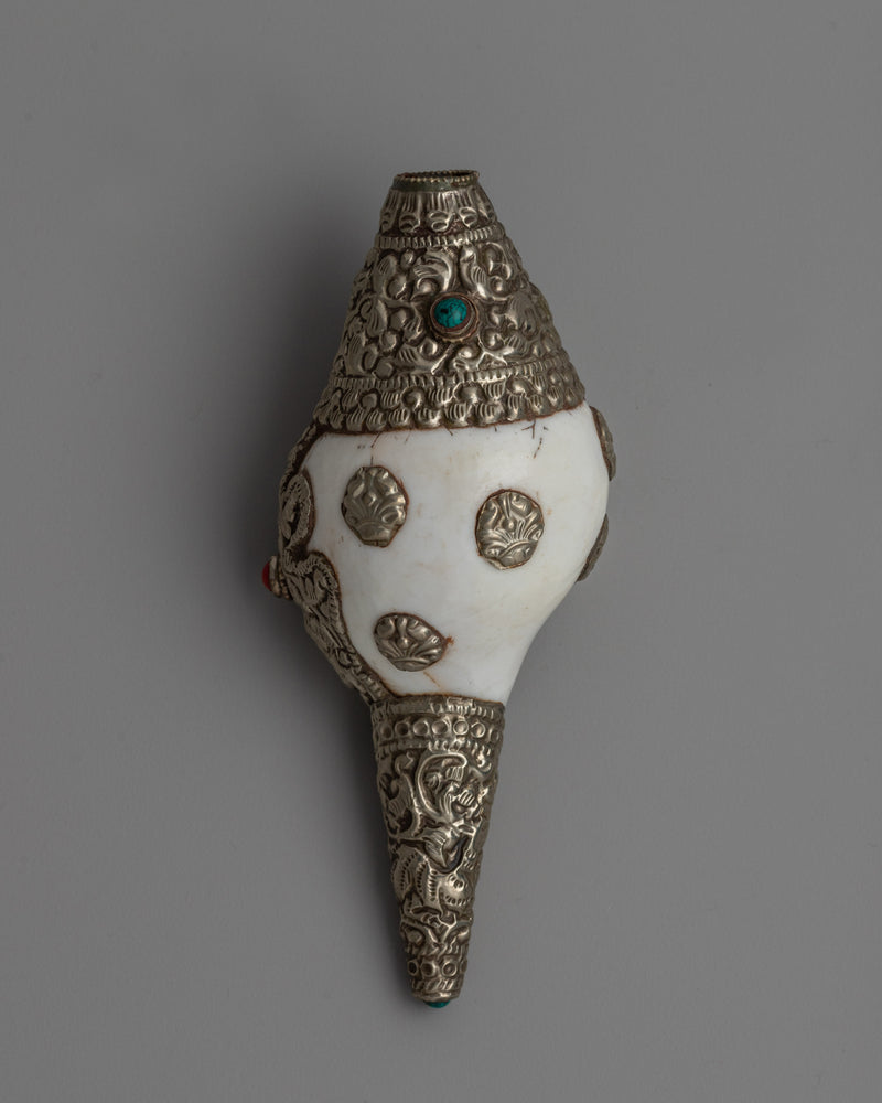 Decorative Silver Conch Shell | Buddhist Ritual Tool