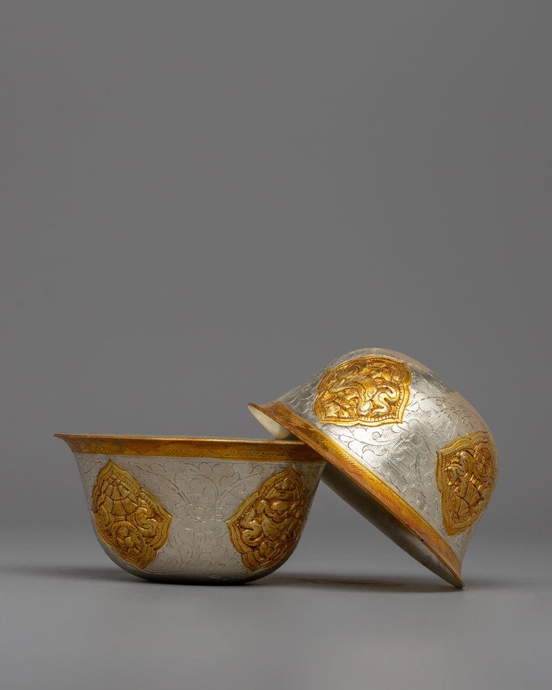 Sacred Tibetan Offering Bowl Set | Gold & Silver Plated Ritual Cups, Perfect for Altar Use