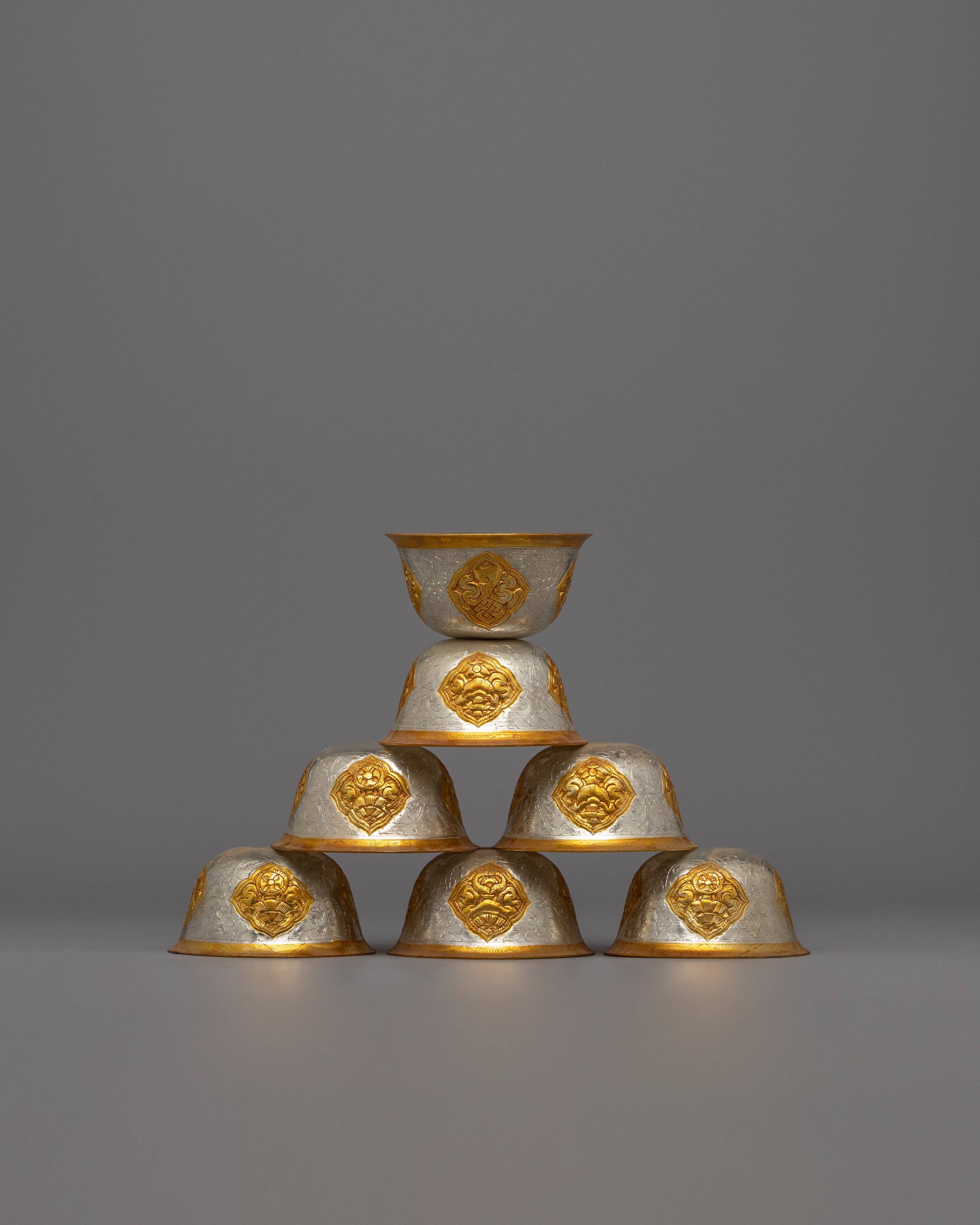 Sacred Tibetan Offering Bowl Set | Gold & Silver Plated Ritual Cups, Perfect for Altar Use