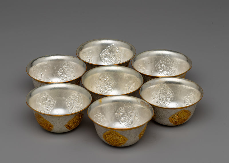 Sacred Tibetan Offering Bowl Set | Gold & Silver Plated Ritual Cups, Perfect for Altar Use