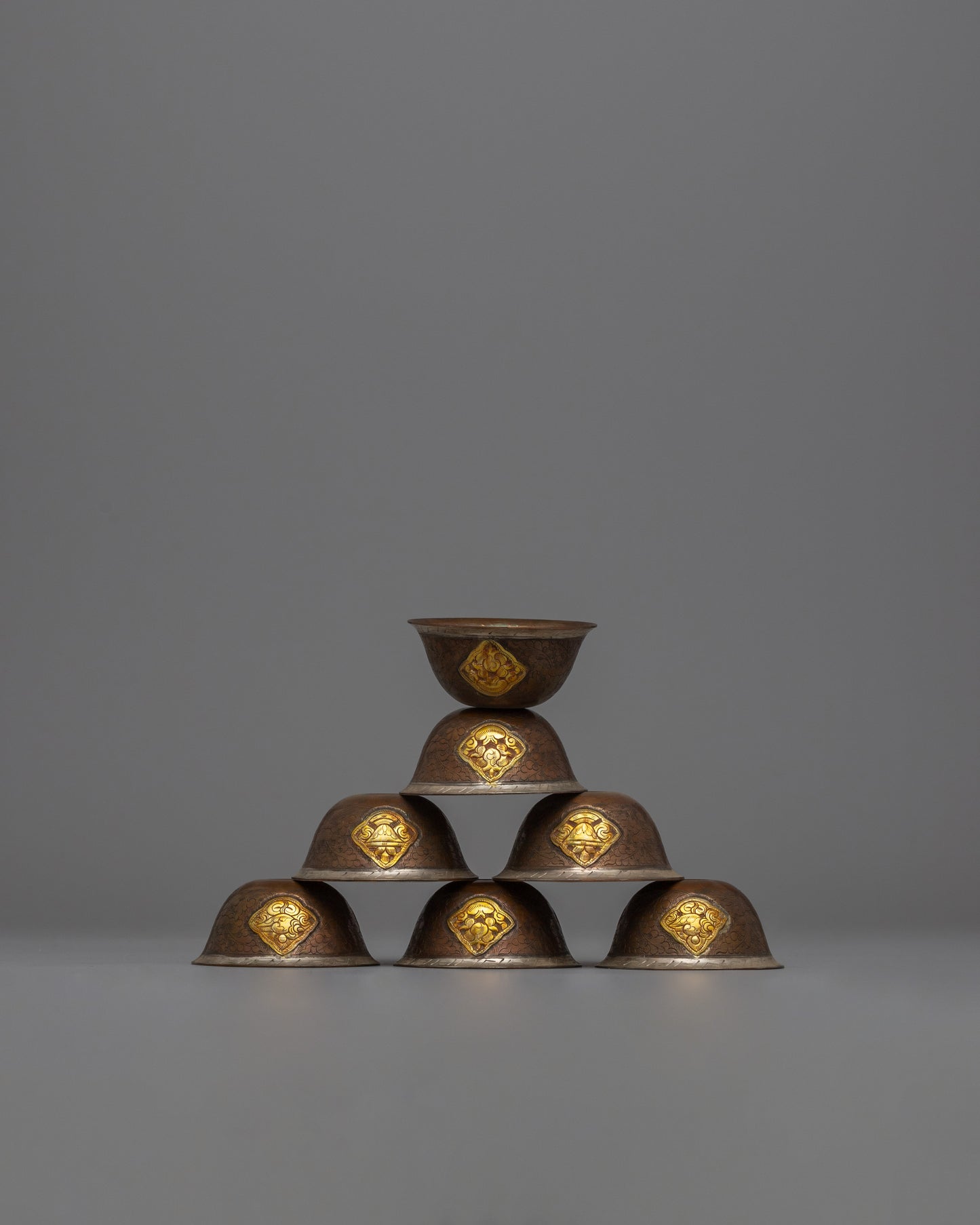 Copper Water Offering Bowls Set | Buddhist Offering Bowls, Oxidized Copper with Gold Detail