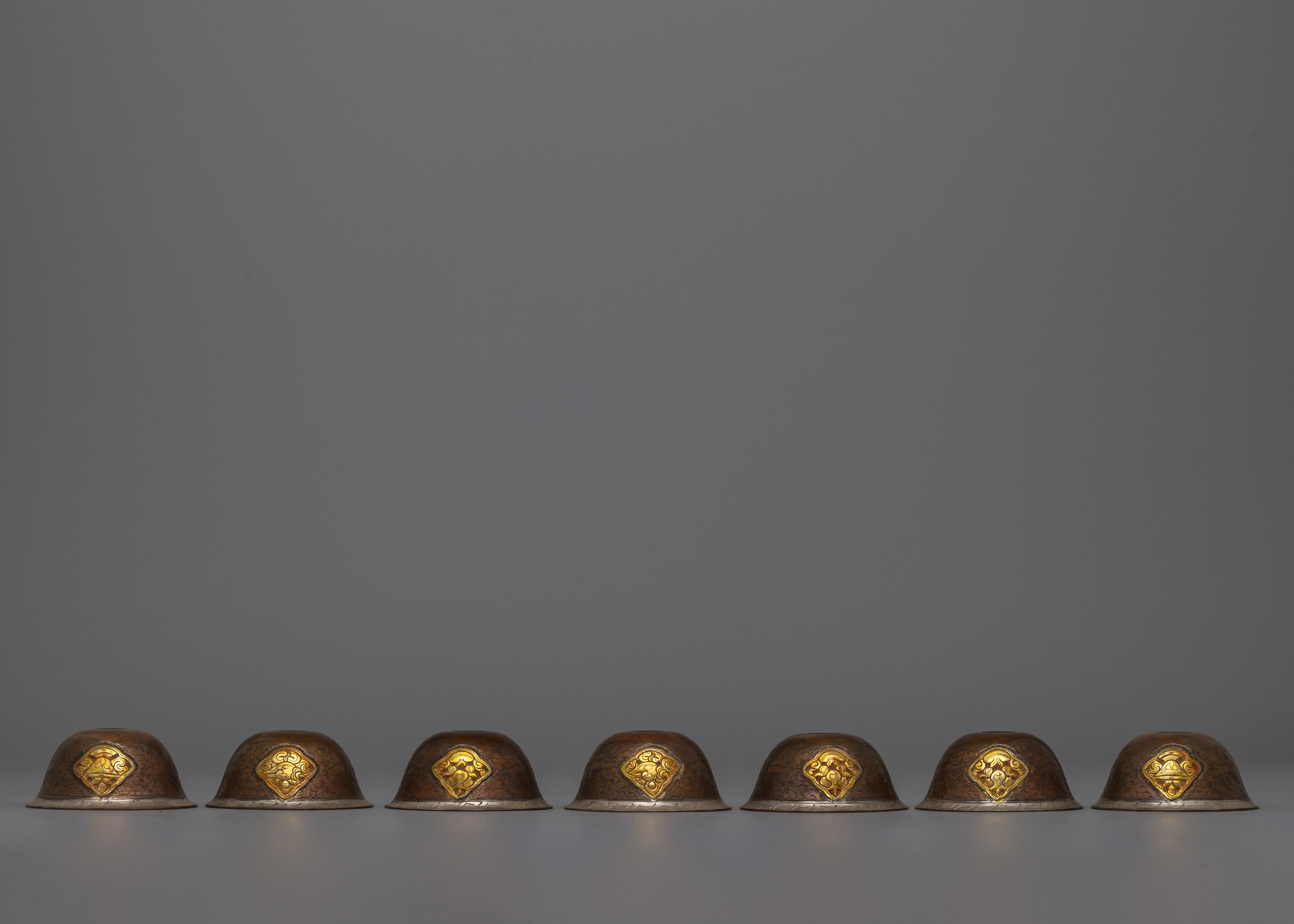 Copper Water Offering Bowls Set | Buddhist Offering Bowls, Oxidized Copper with Gold Detail