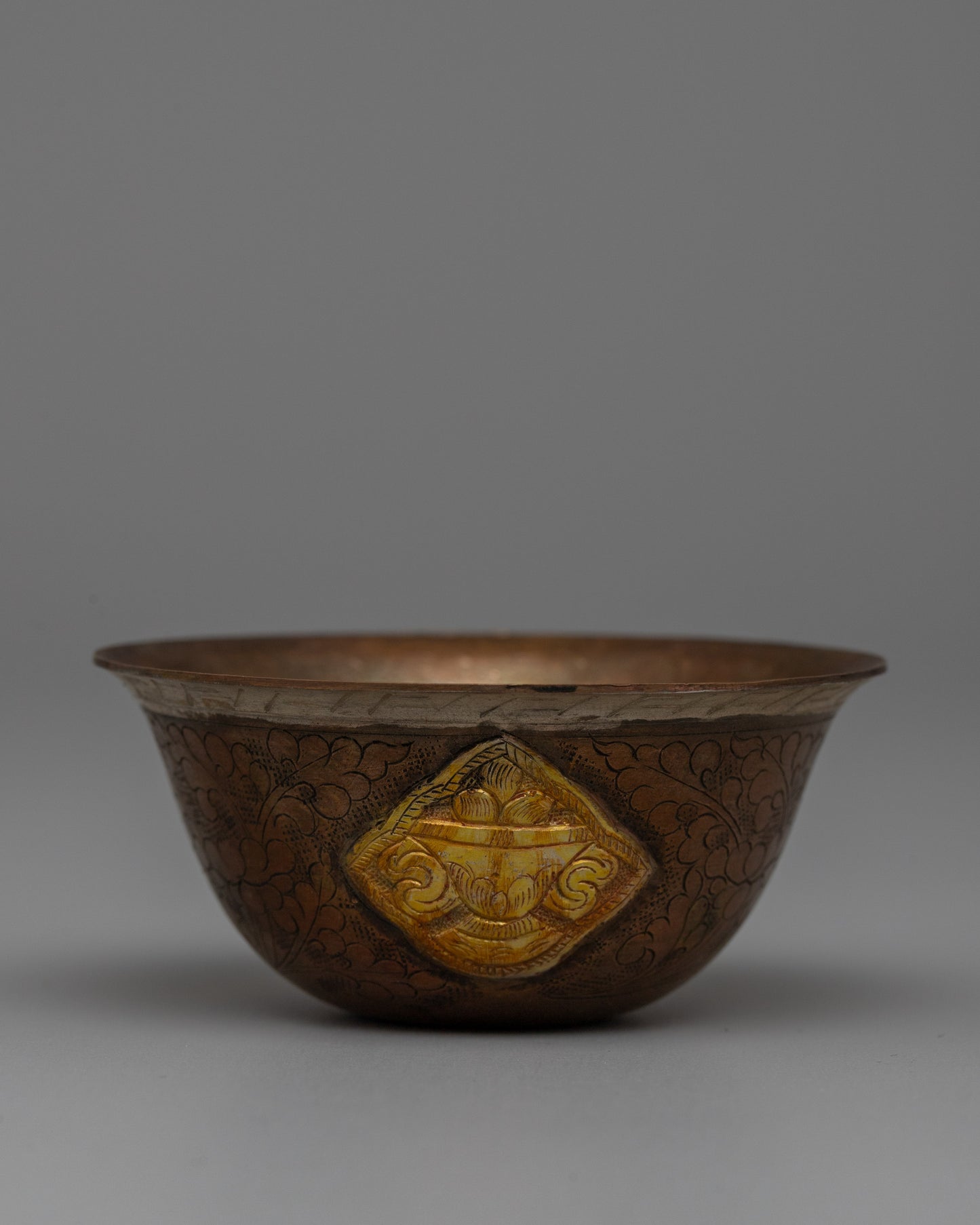 Copper Water Offering Bowls Set | Buddhist Offering Bowls, Oxidized Copper with Gold Detail