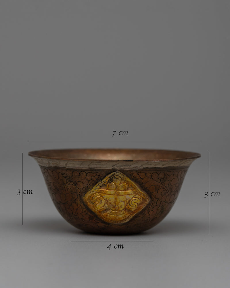 Copper Water Offering Bowls Set | Buddhist Offering Bowls, Oxidized Copper with Gold Detail