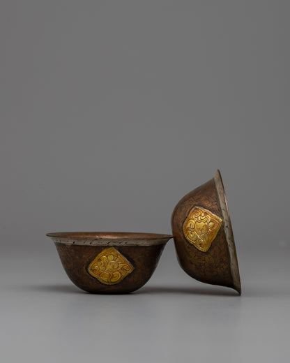 Copper Water Offering Bowls Set | Buddhist Offering Bowls, Oxidized Copper with Gold Detail