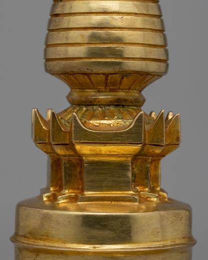 Intricate Gold-Plated Copper Tibetan Stupa |  Symbolizing Peace and Harmony