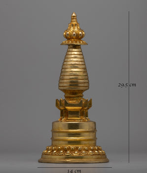 Intricate Gold-Plated Copper Tibetan Stupa |  Symbolizing Peace and Harmony