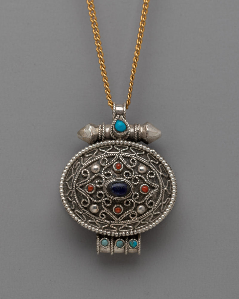 Handcrafted Ghau Prayer Box Pendant | Copper with Intricate Designs for Ritual Use