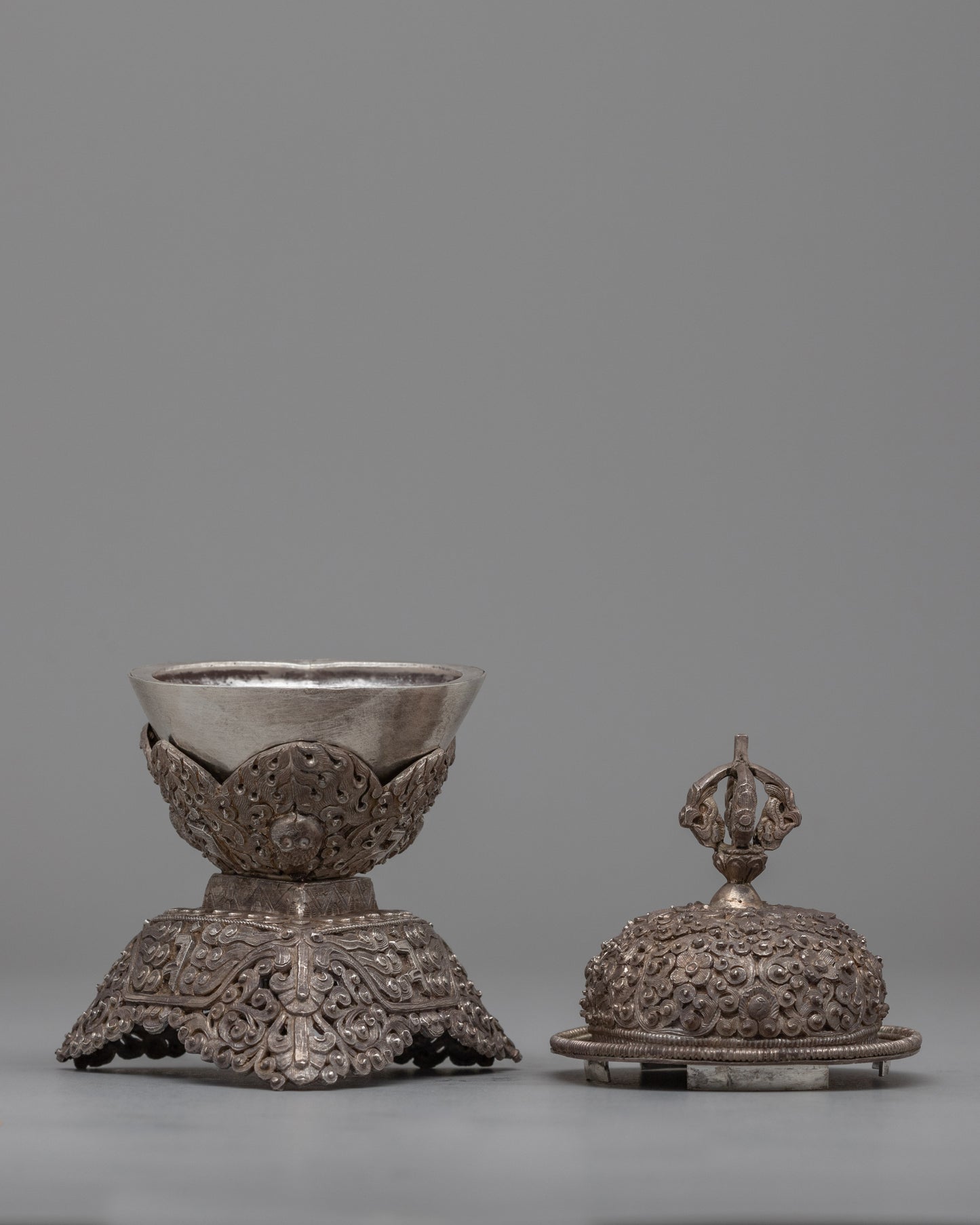 Silver Kapala Skull Cup Set | Buddhist Ritual Offering Set