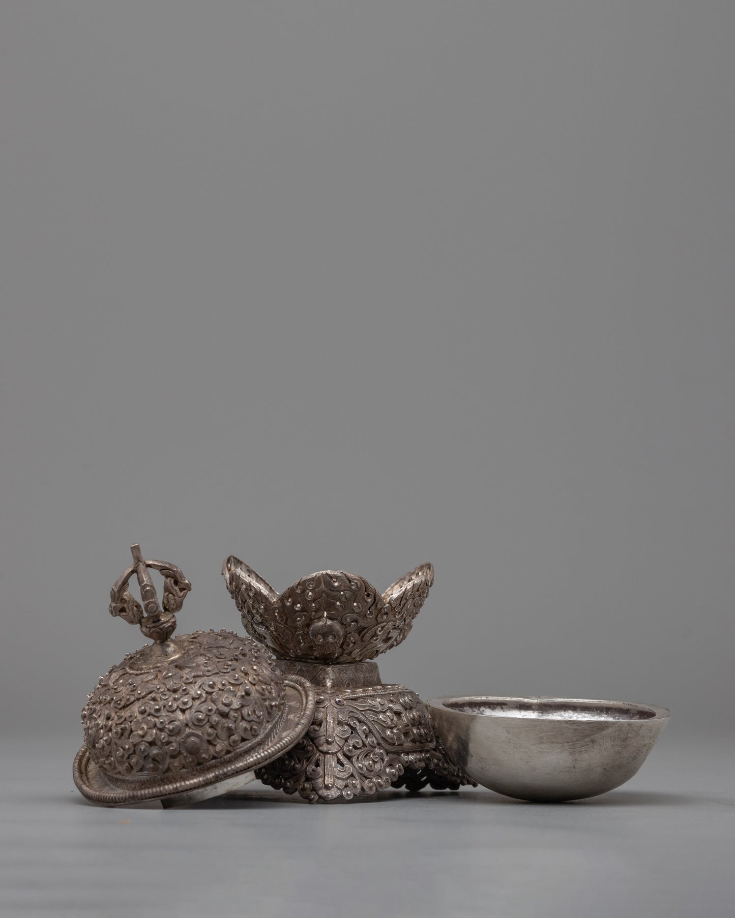 Silver Kapala Skull Cup Set | Buddhist Ritual Offering Set