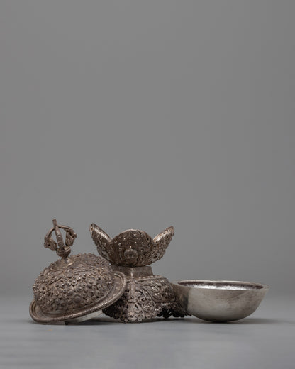 Silver Kapala Skull Cup Set | Buddhist Ritual Offering Set