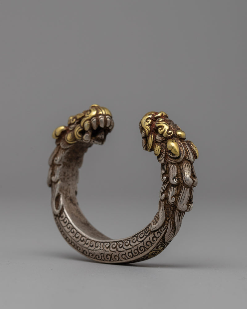 Exquisite Newari Dragon-Head Bracelet | Vintage Silver Bracelet with Gold Accents